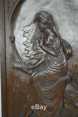 French Art Nouveau Romantic Woman Lady Hand Carved Wood Wall Panel Door