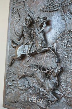 French Black Forest Carved Oak Wooden Panel Frame Picture Stag Hunting