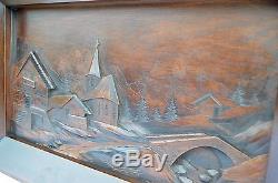 French Black Forest Carved Wood Wall Panel Frame Picture Mountain Village Signed