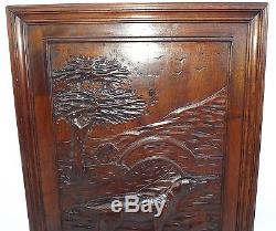 French Black Forest Hand Carved Nut Wooden Panel Picture Dog Hunt Theme n°1