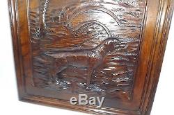 French Black Forest Hand Carved Nut Wooden Panel Picture Dog Hunt Theme n°1