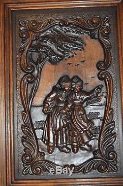French Carved Wood Door Panel Picture Breton Figures Brittany Two Women