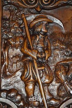 French Carved Wood Door Panel Picture Breton Figures Brittany Wheat Reaper 3
