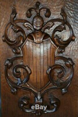 French Carved Wood Wall Panel Door of Middle Ages of Knight Helmet Shield