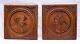 French Couple Of Breton Quimper Carved Wood Panels Medallion Vintage