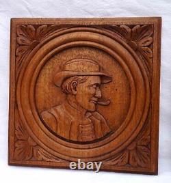 French Couple of Breton Quimper Carved Wood Panels Medallion Vintage