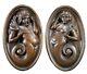 French Hand Carved Oak Wood Pair Of Wall Panels Mermaids Medallions