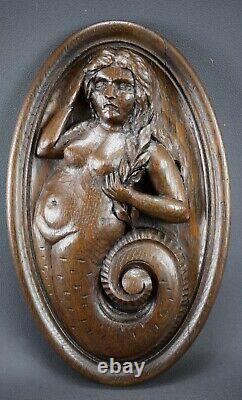 French Hand Carved Oak Wood Pair of Wall Panels Mermaids Medallions