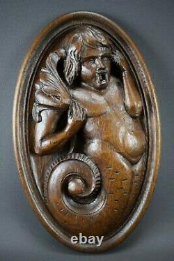 French Hand Carved Oak Wood Pair of Wall Panels Mermaids Medallions
