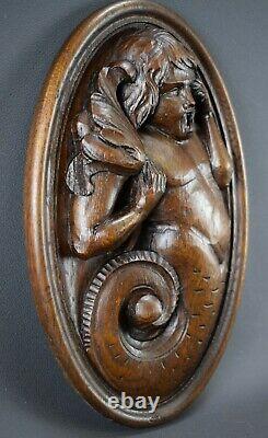 French Hand Carved Oak Wood Pair of Wall Panels Mermaids Medallions
