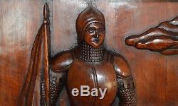 French Large Thick Black Forest Gothic Carved Wood Wall Panel Armor Knight