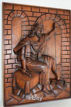 French Large Thick Middle Ages Gothic Carved Wood Wall Panel King Sculpture