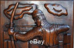 French Large Thick Middle Ages Gothic Carved Wood Wall Panel of Archer Knight