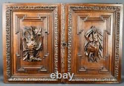 French Pair Black Forest Carved Oak Wood Hunting Trophy Doors Panel