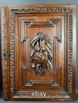 French Pair Black Forest Carved Oak Wood Hunting Trophy Doors Panel