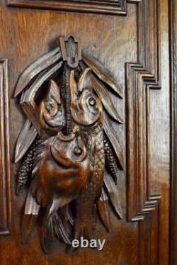 French Pair Black Forest Carved Oak Wood Hunting Trophy Doors Panel