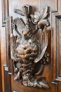 French Pair Black Forest Carved Oak Wood Hunting Trophy Doors Panel