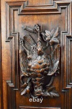 French Pair Black Forest Carved Oak Wood Hunting Trophy Doors Panel