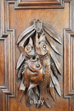 French Pair Black Forest Carved Oak Wood Hunting Trophy Doors Panel