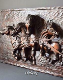 French Rare Large Hand Carved Wood Wall Panel of Horses Chariot