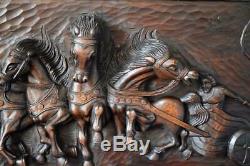 French Rare Large Hand Carved Wood Wall Panel of Horses Chariot