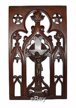 French Religious Large Gothic Carved Wood Panel Jesus Crucifix 19th. C