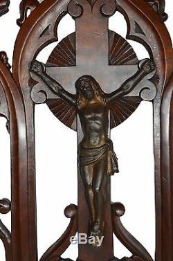 French Religious Large Gothic Carved Wood Panel Jesus Crucifix 19th. C