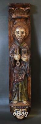 French Religious Saint Peter Icons Primitive Hand Carved Painted Wood Wall Panel