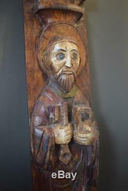 French Religious Saint Peter Icons Primitive Hand Carved Painted Wood Wall Panel