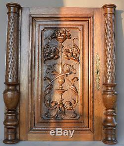 French Renaissance Carved Oak Wood Door Panel Two Columns Pillars n°2