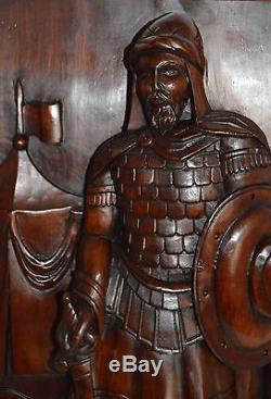 French Thick Middle Ages Gothic Carved Wood Wall Panel Saracen Soldier