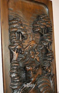 French Thick Middle Ages Gothic Hand Carved Wood Wall Panel Stag Horse Hunter