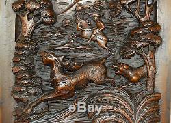 French Thick Middle Ages Gothic Hand Carved Wood Wall Panel Stag Horse Hunter