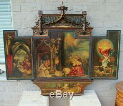 French antique Religious neo gothic church wood carved triptych panels multiple
