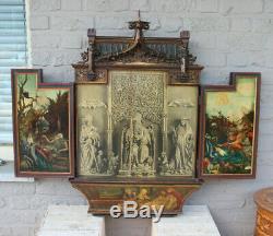 French antique Religious neo gothic church wood carved triptych panels multiple