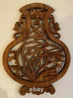 French openwork carved wood panel black forest style déco animals plaque