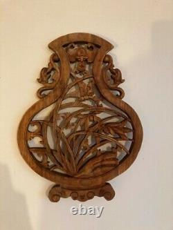 French openwork carved wood panel black forest style déco animals plaque