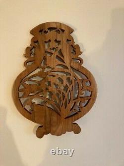 French openwork carved wood panel black forest style déco animals plaque