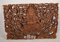 Ganesha Carved Wooden Panel 22 1/2 x 15 1/2 Large Wood Relief Wall Art Lotus