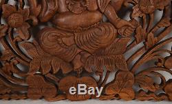 Ganesha Carved Wooden Panel 22 1/2 x 15 1/2 Large Wood Relief Wall Art Lotus