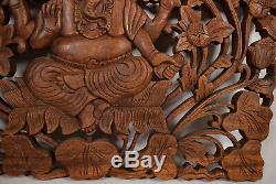Ganesha Carved Wooden Panel 22 1/2 x 15 1/2 Large Wood Relief Wall Art Lotus