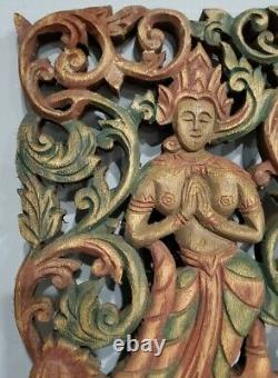 Goddess Wall Panel Indonesian Hand Carved Wood Relief Sculpture Teak Bali Hindu