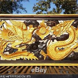 Gold Dragon Phoenix Wood Art Carving Home Wall Panel Decor Sculpture 19 x 35