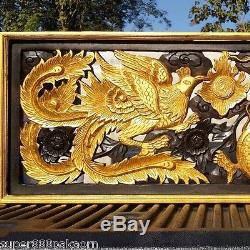 Gold Dragon Phoenix Wood Art Carving Home Wall Panel Decor Sculpture 19 x 35