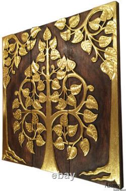Gold Leaf Sacred Fig Tree. Wood Carved Relief Wall Art Panels. Asian Decor. 36