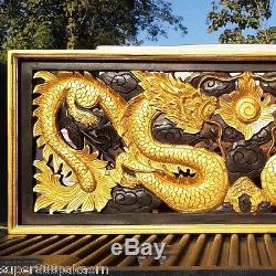 Gold Twin Dragon Wall Art Wood Carving Home Panel Decor Sculpture 15 x 39