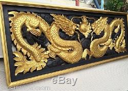 Gold Twin Dragon Wall Art Wood Carving Home Panel Decor Sculpture 15 x 39