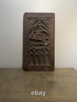 Gothic Carved Architectural Panel in Solid Oak Wood Salvage 14 x 7 3/8 Inches