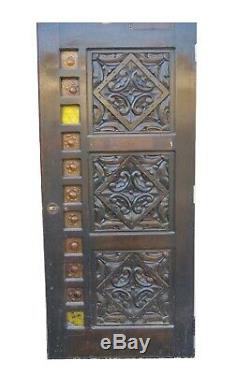 Gothic Style Carved Oak Panel Door With Sea-Glass Border Midcentury