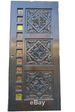 Gothic Style Carved Oak Panel Door With Sea-Glass Border Midcentury